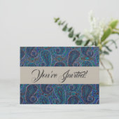 Paisley Blau Indisch Boho Klassisch Vintage Einladung (Stehend Vorderseite)
