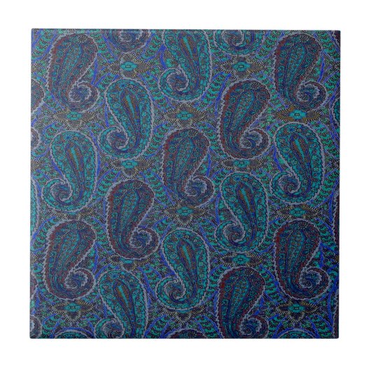 Paisley Blue Indian Boho Art Pattern Fliese (Vorderseite)