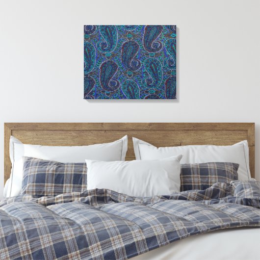 Paisley Blue Indian Boho Art Pattern Leinwanddruck (Insitu (Schlafzimmer))