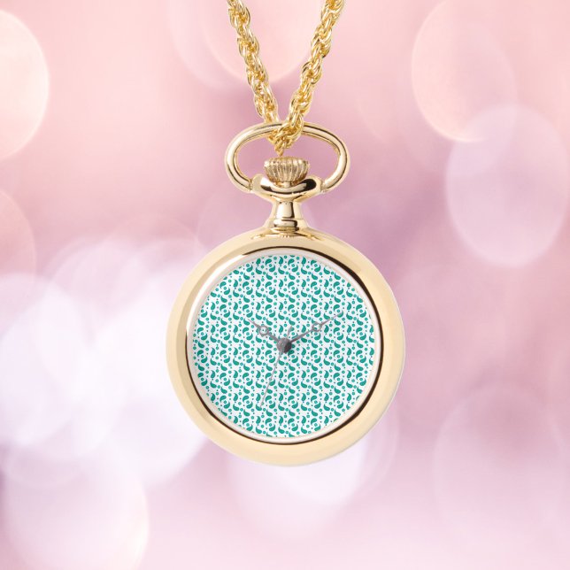 Paisley-Blumen-Boho-Design Grün Blau Armbanduhr (A watch necklace featuring a paisley boho floral pattern in teal blue and green.)