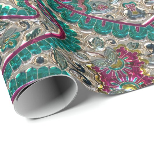 Paisley Blumenmuster aquamarines silberrosa Böhm Geschenkpapier (Rolleneckpunkt)