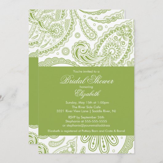 Paisley Bridal Dusche Einladung Chartreuse Green (Vorne/Hinten)
