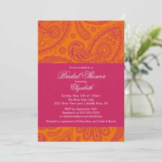 Paisley Bridal Dusche Einladung Orange & Pink (Stehend Vorderseite)