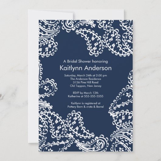 Paisley Bridal Dusche Einladung White & Navy Blue (Vorderseite)