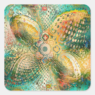 Paisley-Design in lebendigen Gelb- und Grüntönen Quadratischer Aufkleber