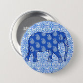 Paisley-Elefant - Kobalt blau und weiß Button (Vorne & Hinten)