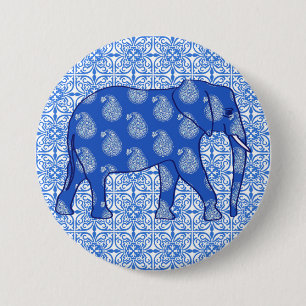 Paisley-Elefant - Kobalt blau und weiß Button