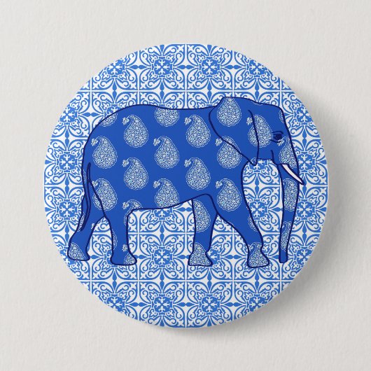 Paisley-Elefant - Kobalt blau und weiß Button (Vorderseite)