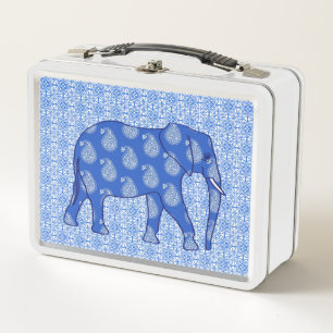 Paisley-Elefant, Kobalt blau und weiß Metall Brotdose