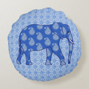 Paisley-Elefant - Kobalt blau und weiß Rundes Kissen