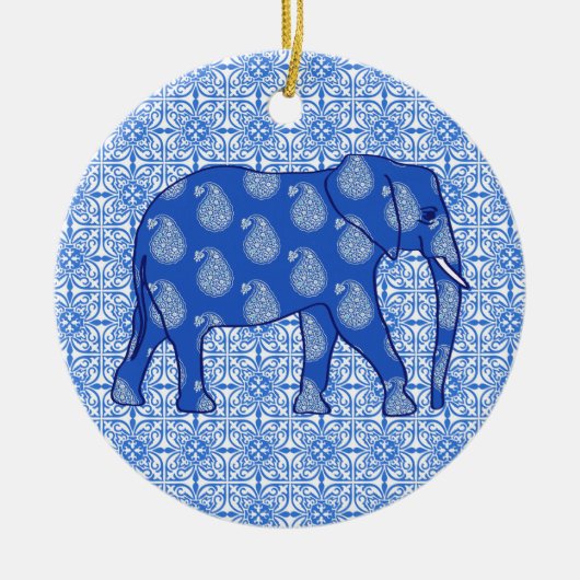 Paisley-Elefant - Kobaltblau und -WEISS Keramikornament (Vorne)