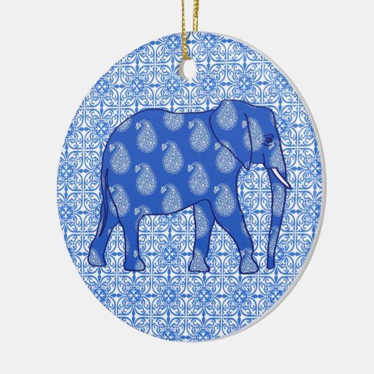 Paisley-Elefant - Kobaltblau und -WEISS Keramikornament (Links)
