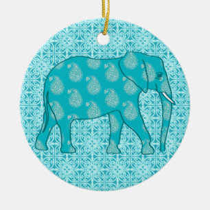 Paisley-Elefant - Türkis und Aqua Keramik Ornament