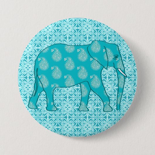 Paisley-Elefant - Türkis und Wasser Button (Vorderseite)