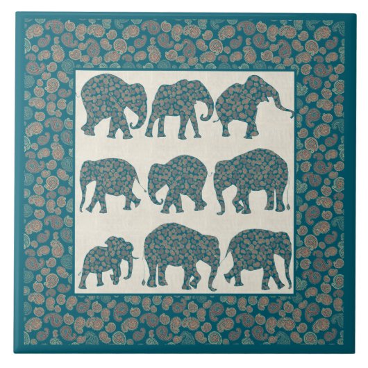 Paisley Elephants auf Beige und Border Keramik Til Fliese (Vorderseite)