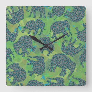 Paisley Elephants, Jungle Green Blätter Wall Clock Quadratische Wanduhr