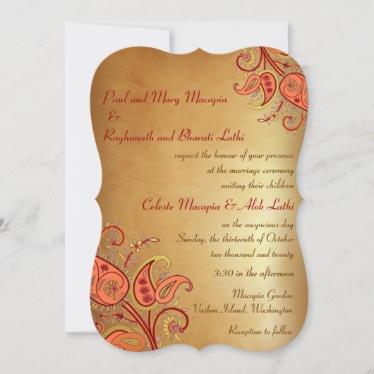 Paisley Floral Gold Red Orange Indian Wedding Einladung (Vorderseite)