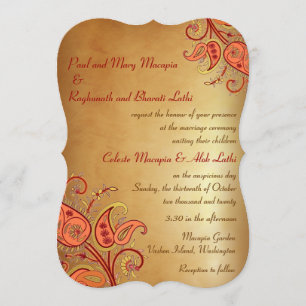Paisley Floral Gold Red Orange Indian Wedding Einladung
