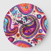 Paisley Floral Indian Seamless Ornament Große Wanduhr (Vorderseite)