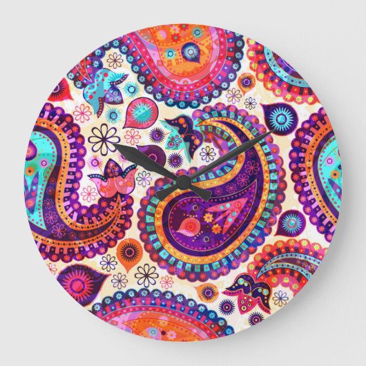 Paisley Floral Indian Seamless Ornament Große Wanduhr (Vorderseite)