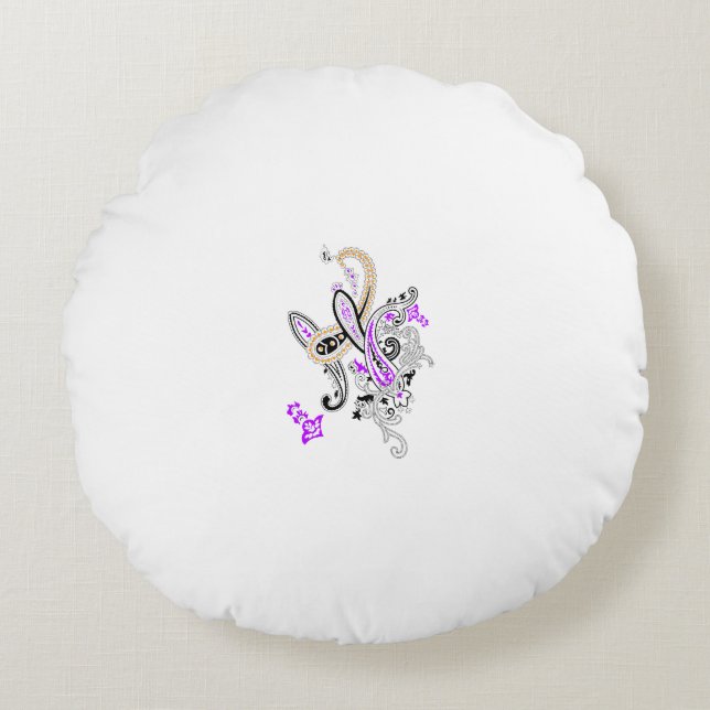 Paisley Floral Motif – Boho White Purple Orange  Rundes Kissen (Vorderseite)