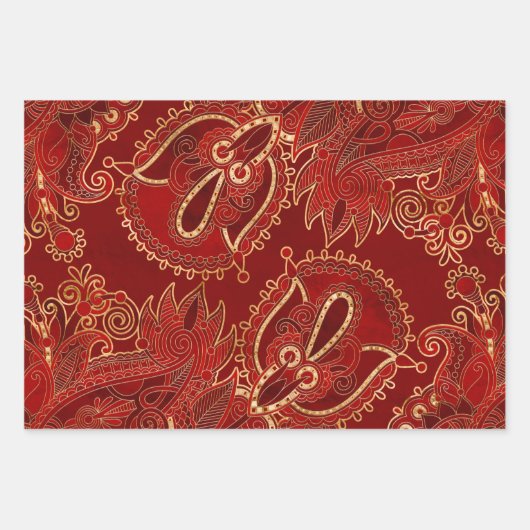 Paisley Floral Ornament Ruby rot und gold Geschenkpapier Set (Vorderseite 3)