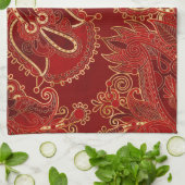 Paisley Floral Ornament Ruby rot und gold Geschirrtuch (Gefaltet)