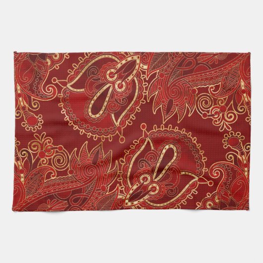 Paisley Floral Ornament Ruby rot und gold Geschirrtuch (Horizontal)