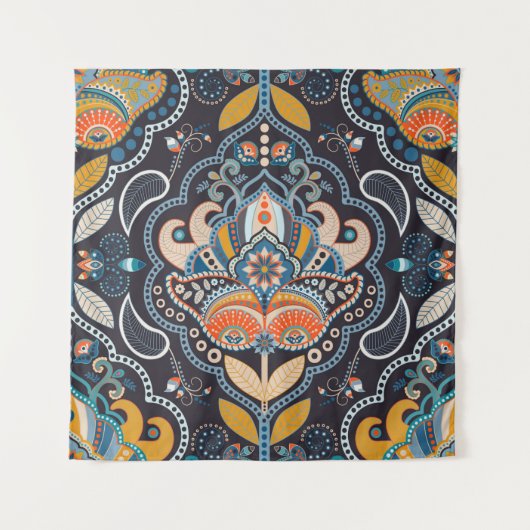 Paisley floral seamless pattern. Dark backdrop wit Wandteppich (Vorderseite)