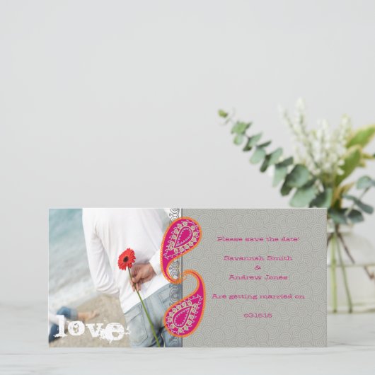 Paisley Fuchsia und Orange Foto Save the Date (Stehend Vorderseite)