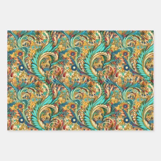 Paisley Golden Blume Abstraktes Muster Set 1 Geschenkpapier Set (Vorderseite 3)