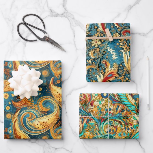 Paisley Golden Blume Abstraktes Muster Set 1 Geschenkpapier Set (Vorderseite)