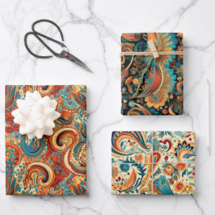 Paisley Golden Blume Abstraktes Muster Set 4 Geschenkpapier Set