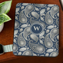 Paisley in Marineblau und elegantem Silber-Monogra