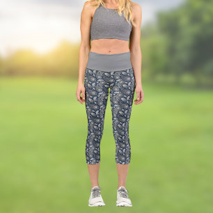 Paisley in Navy Blau Elegantes Silber Vintage-Look Capri Leggings