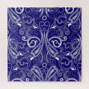 Paisley-Monochrom: blaue, weiße Eleganz. Puzzle