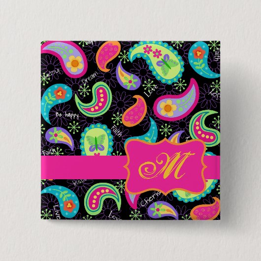 Paisley Monogram Black Fuchsia Pink Modern Button (Vorderseite)