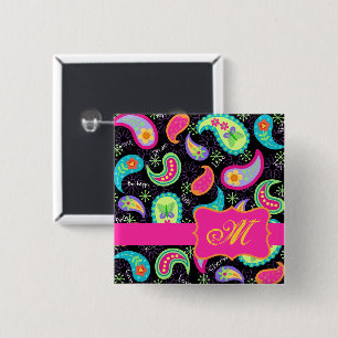 Paisley Monogram Black Fuchsia Pink Modern Button