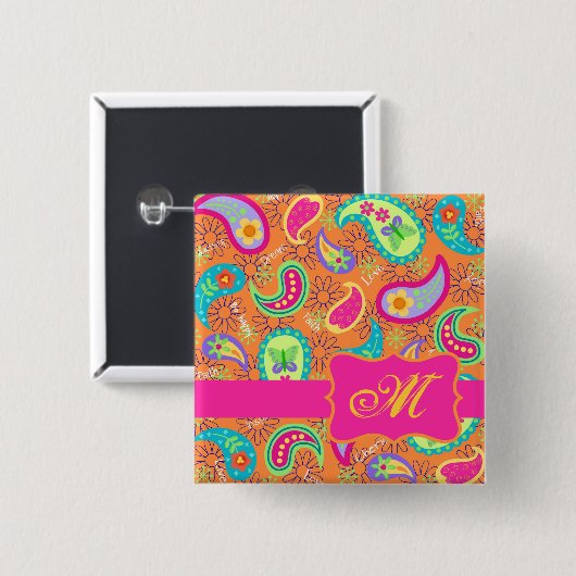 Paisley Monogram Hot Pink Orange Whimsy Button (Vorne & Hinten)
