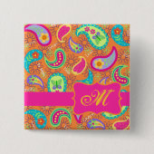 Paisley Monogram Hot Pink Orange Whimsy Button (Vorderseite)