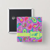 Paisley Monogram Magenta Pink Green Modern Button (Vorne & Hinten)