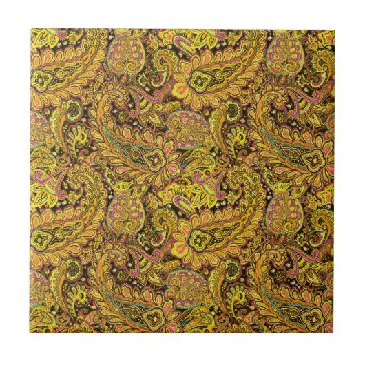 Paisley Motif in Yellow, Brown on Black Background Fliese (Vorderseite)