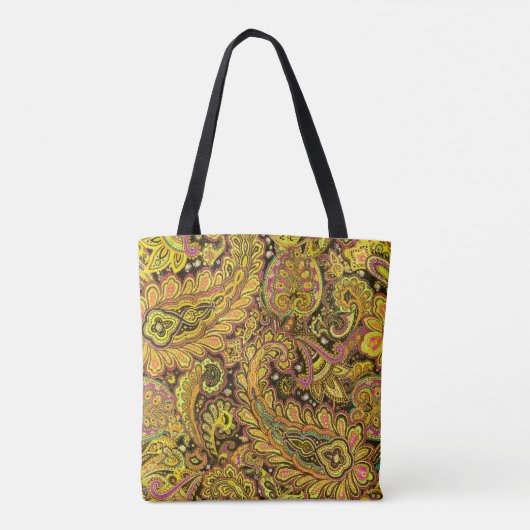 Paisley Motif in Yellow, Brown on Black Background Tasche (Rückseite)