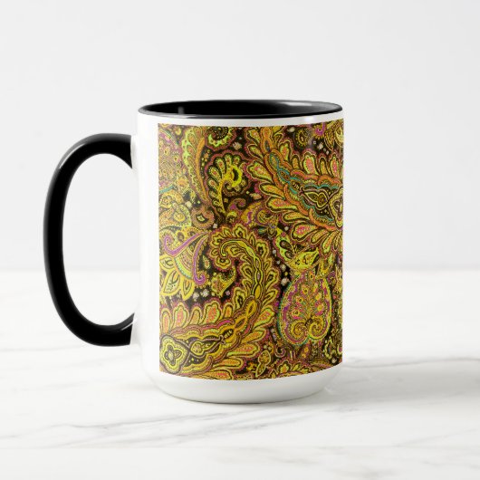Paisley Motif in Yellow, Brown on Black Background Tasse (Links)