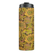 Paisley Motif in Yellow, Brown on Black Background Thermosbecher (Vorderseite)