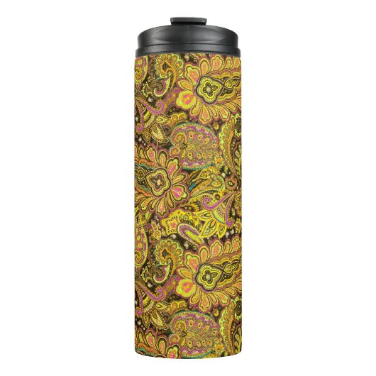 Paisley Motif in Yellow, Brown on Black Background Thermosbecher (Vorderseite)