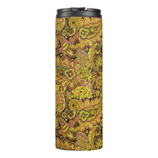 Paisley Motif in Yellow, Brown on Black Background Thermosbecher (Rückseite)