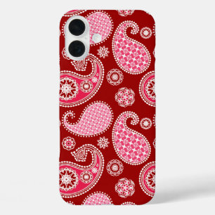 Paisley-Muster, Dunkelrot, Rosa und Weiß iPhone 16 Plus Hülle