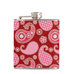 Paisley-Muster, Dunkelrot, Rosa und Weiß Flachmann