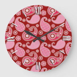 Paisley-Muster, Dunkelrot, Rosa und Weiß Große Wanduhr